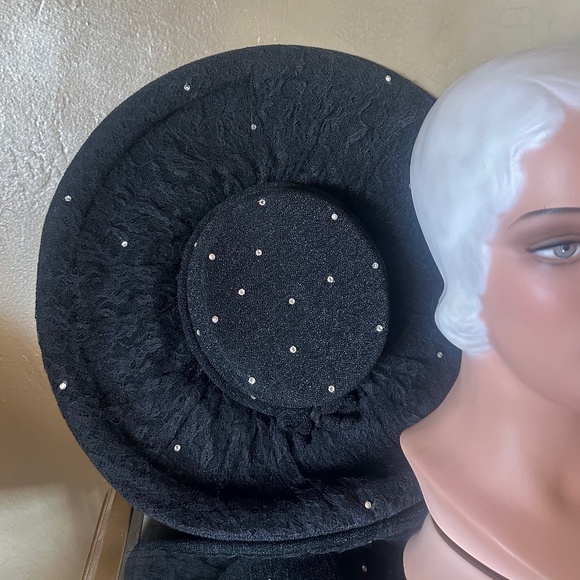 GLITZY 1950\'s BLACK FABRIC/LACE  WIDE BRIM HAT + RHINESTONES